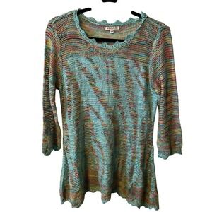 ADORE Multicolor Knit Sweater Tunic Top Womens Size S Sheer Mesh‎ Wavy Hem